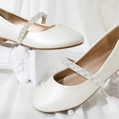 Girls Mary Jane Shoes – White Dress Flats with Pearl & Crystal Strap, Elegant Princess Shoes for Weddings, Parties, and Formal Occasions