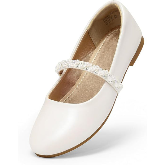 Girls Mary Jane Shoes – White Dress Flats with Pearl & Crystal Strap, Elegant Princess Shoes for Weddings, Parties, and Formal Occasions