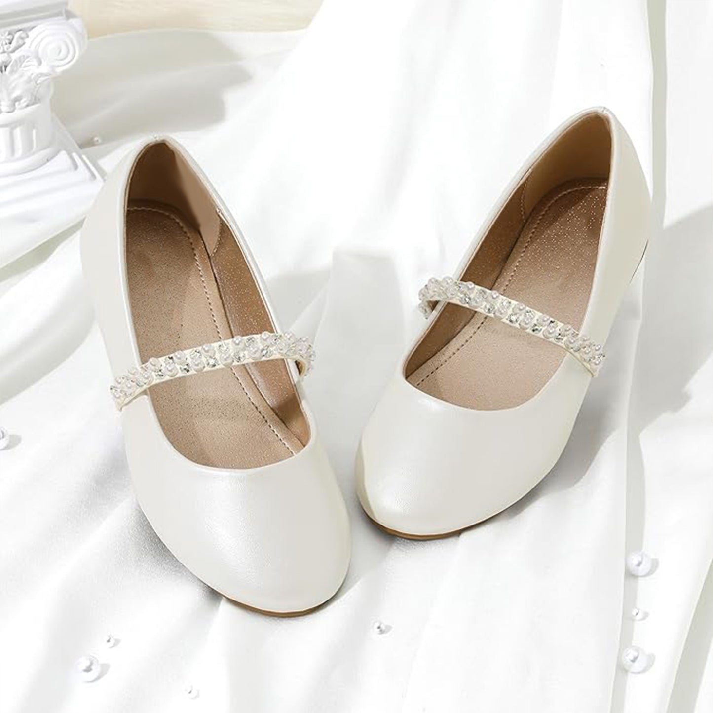 Girls Mary Jane Shoes – White Dress Flats with Pearl & Crystal Strap, Elegant Princess Shoes for Weddings, Parties, and Formal Occasions