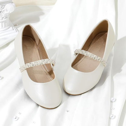 Girls Mary Jane Shoes – White Dress Flats with Pearl & Crystal Strap, Elegant Princess Shoes for Weddings, Parties, and Formal Occasions