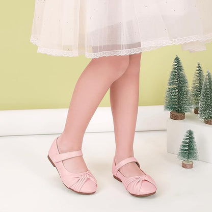 Girls Mary Jane Shoes – Pink Dress Shoes with Bow & Velcro Strap, Cute Flats for Daily Wear, Parties, and Princess Outfits
