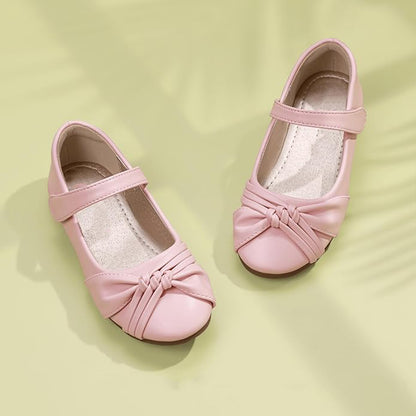 Girls Mary Jane Shoes – Pink Dress Shoes with Bow & Velcro Strap, Cute Flats for Daily Wear, Parties, and Princess Outfits