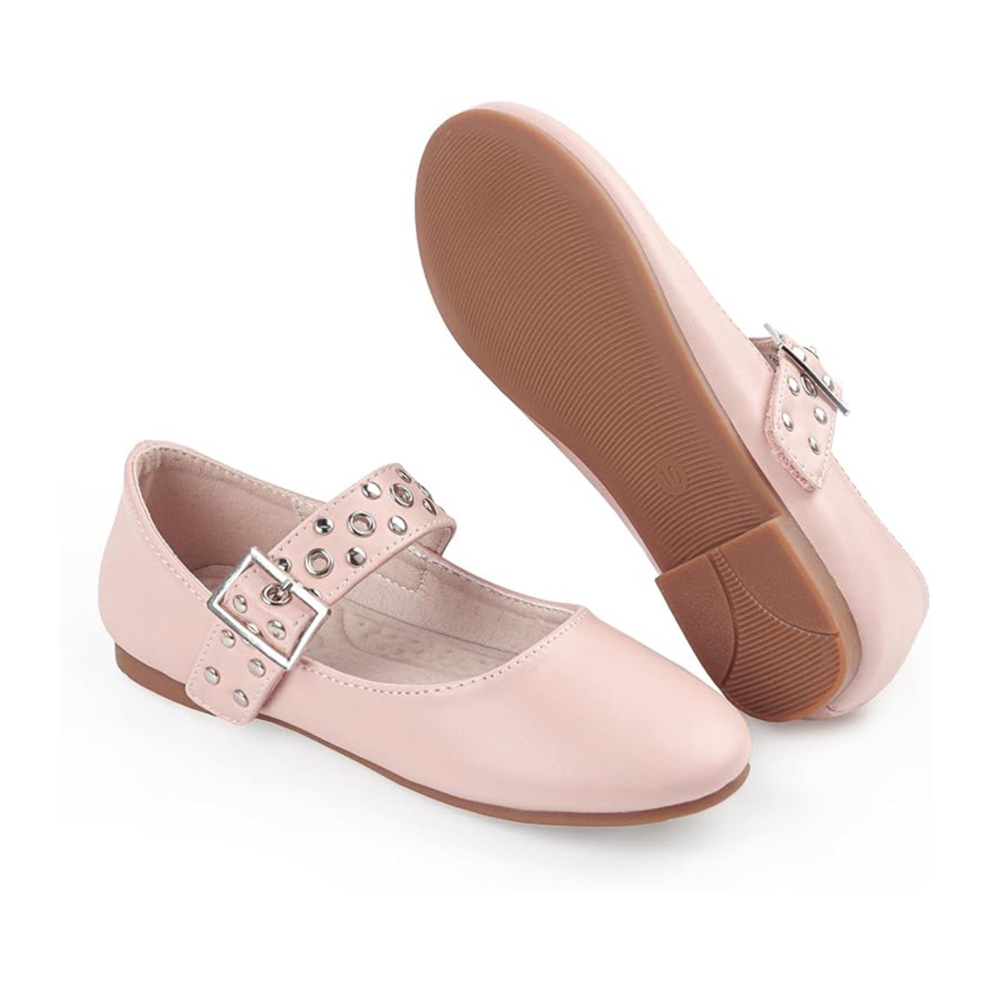 Girls Mary Jane Shoes – Pink Leather Flats with Metal Buckle & Studded Design, Cute Dress Shoes for Daily Wear, School, Party