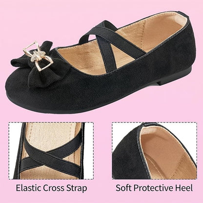 Girls Mary Jane Flats – Black Suede Dress Shoes with Cross Straps and Bow Metal Accent, Comfortable Ballet Flats for Party, Performance, or Daily Wear
