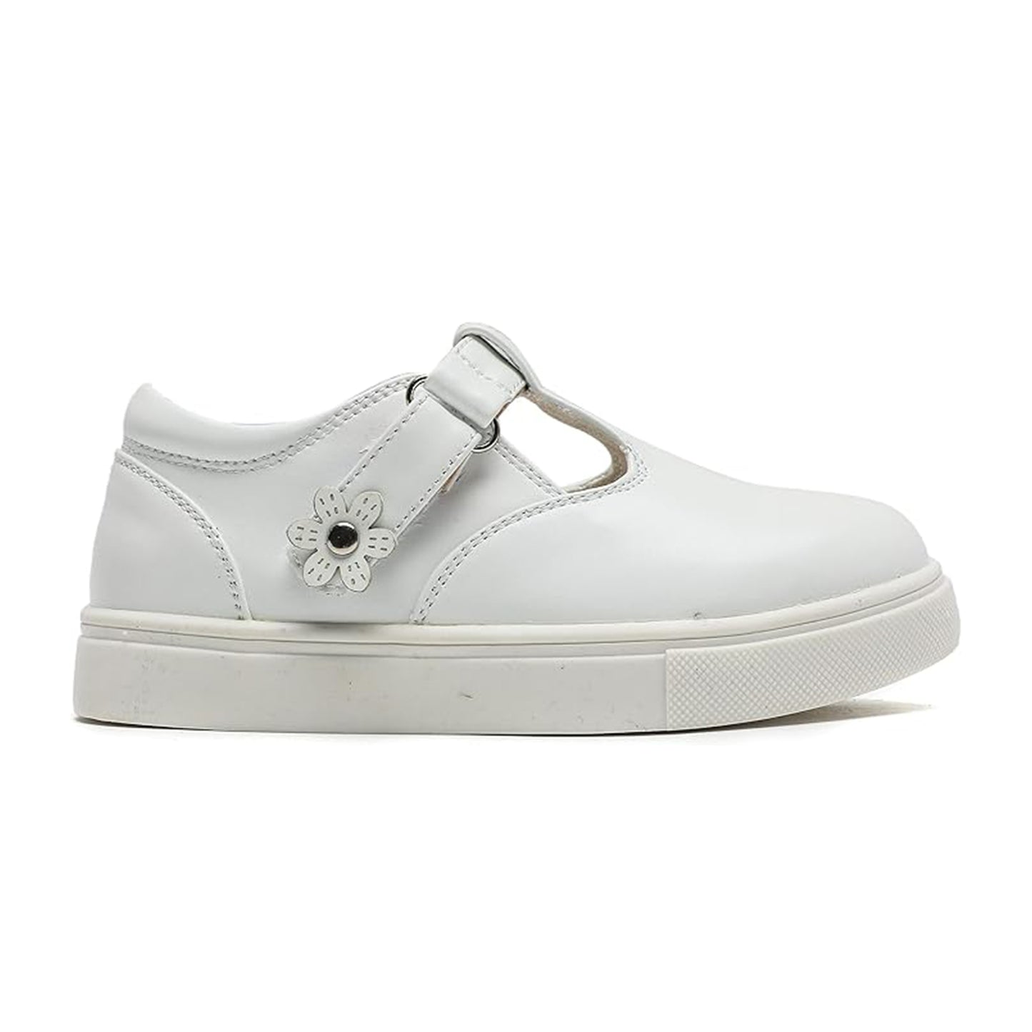 Girls White T-Strap Sneakers – Leather School Shoes with Flower Decoration, Non-Slip Rubber Sole, Casual Dress Shoes for Kids
