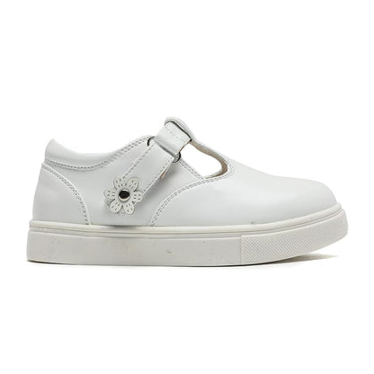 Girls White T-Strap Sneakers – Leather School Shoes with Flower Decoration, Non-Slip Rubber Sole, Casual Dress Shoes for Kids