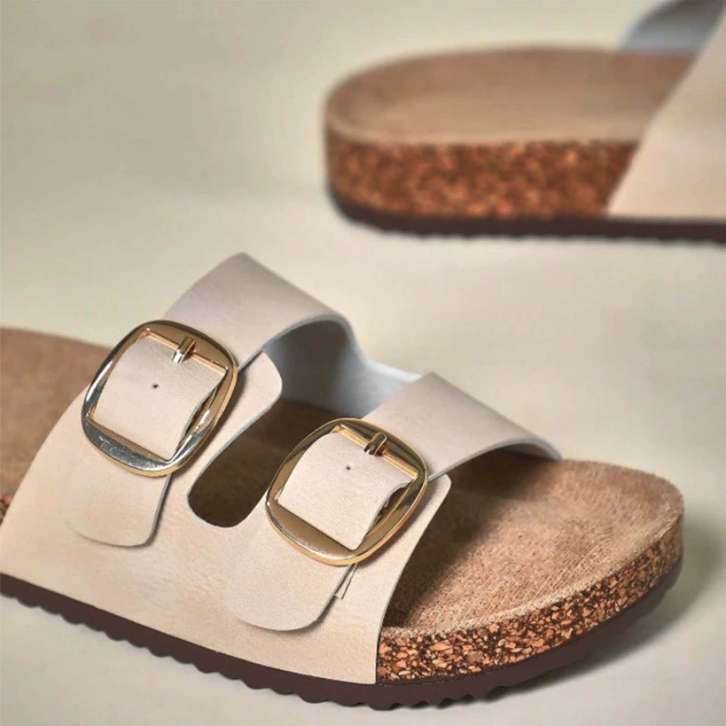 Unisex Birkenstock Style Cork Sandals Slip-On with Double Adjustable Buckle – Beige Leather Casual Comfort Slides for Everyday Wear, Walking, Vacation