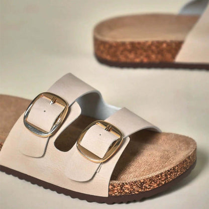 Unisex Birkenstock Style Cork Sandals Slip-On with Double Adjustable Buckle – Beige Leather Casual Comfort Slides for Everyday Wear, Walking, Vacation