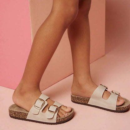 Unisex Birkenstock Style Cork Sandals Slip-On with Double Adjustable Buckle – Beige Leather Casual Comfort Slides for Everyday Wear, Walking, Vacation