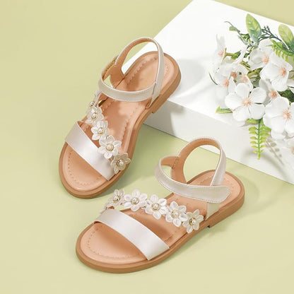 Girls Flat Sandals – Pearl Flower Dress Sandals with Cross Straps, Comfortable Summer Shoes for Outdoor Activities, Family Gatherings, Daily Wear