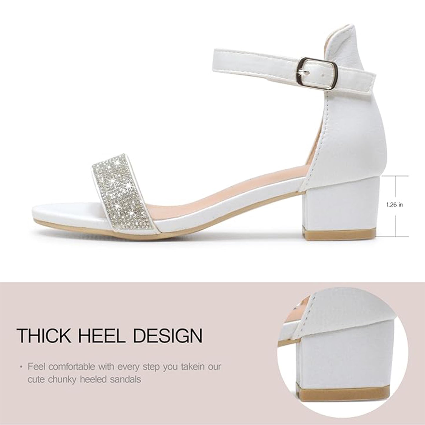 Girls White Heeled Sandals – Sparkly Rhinestone Dress Shoes with Buckle Strap, Chunky Heel Party Shoes for Weddings, Birthdays, Princess Outfits