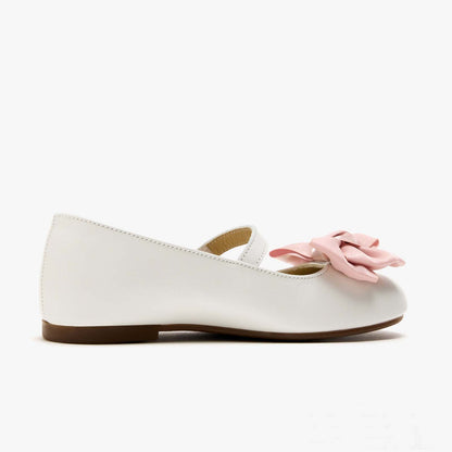 Girls Mary Jane Shoes – White Leather Dress Flats with Pink Bow, Classic Strap Design, Princess Shoes for School, Party, and Daily Wear