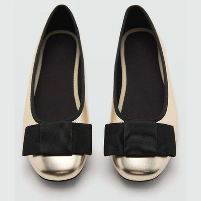 Girls Mary Jane Flats Dress Shoes – Gold Metallic with Black Bow, Party & Daily Wear Comfortable Slip-On Shoes for Little Kids