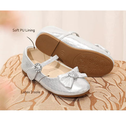 Girls Mary Jane Party Shoes – Silver Sparkly Dress Flats with Rhinestone Heart Bow, Shiny Princess Shoes with Buckle Strap for Toddler & Little Kids
