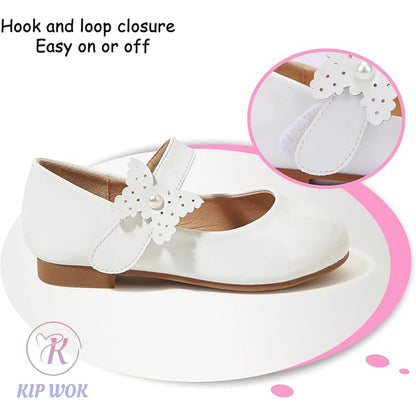 Girls Mary Jane Shoes – White Patent Leather Dress Shoes with Butterfly Pearl Decoration, Low Heel Princess Flats for Party, Daily Wear
