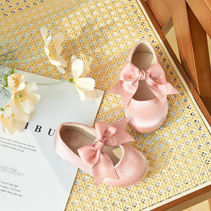 Girls Princess Mary Jane Shoes – Pink Satin Dress Shoes with Big Bow, Cute Party Ballet Flats for Weddings, Birthdays, Dance Performances