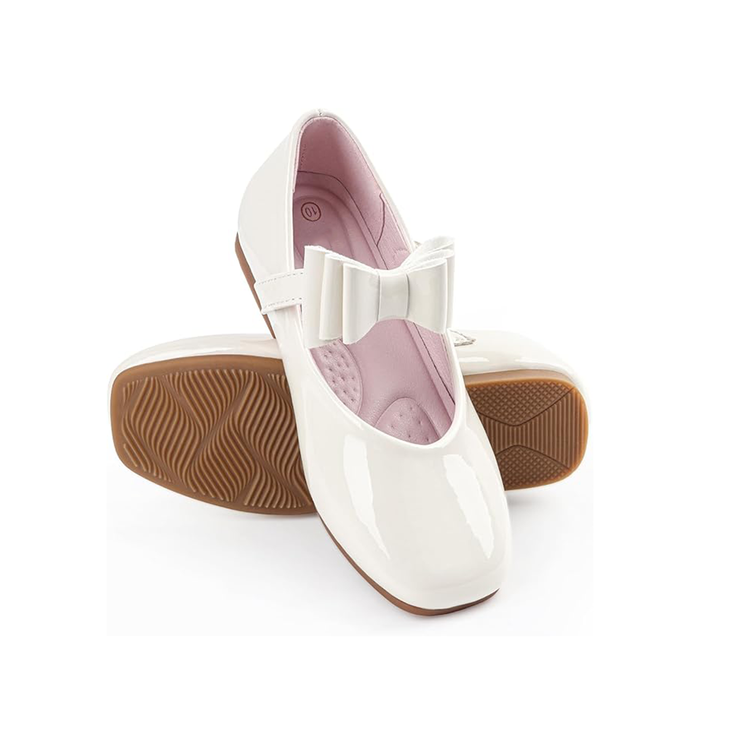 Girls Mary Jane Shoes – White Patent Leather Dress Flats with Bow Accent and Pink Lining, Cute School Party Shoes for Little Girls