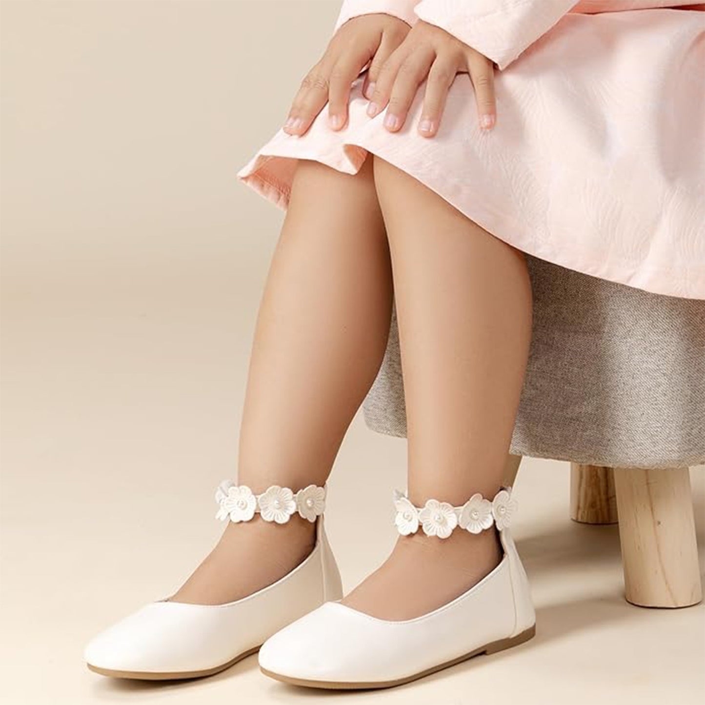 Girls Mary Jane Dress Shoes with Ankle Flower Strap and Pearls – Ivory Leather Toddler/Little Kids Party Wedding Performance Shoes