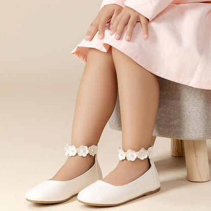 Girls Mary Jane Dress Shoes with Ankle Flower Strap and Pearls – Ivory Leather Toddler/Little Kids Party Wedding Performance Shoes