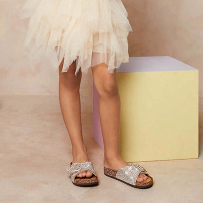 Women’s Rhinestone Birkenstock Style Cork Sandals with Double Buckle – Sparkly Slip-On Slides with Adjustable Straps and Comfortable Footbed