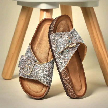 Women’s Rhinestone Birkenstock Style Cork Sandals with Double Buckle – Sparkly Slip-On Slides with Adjustable Straps and Comfortable Footbed