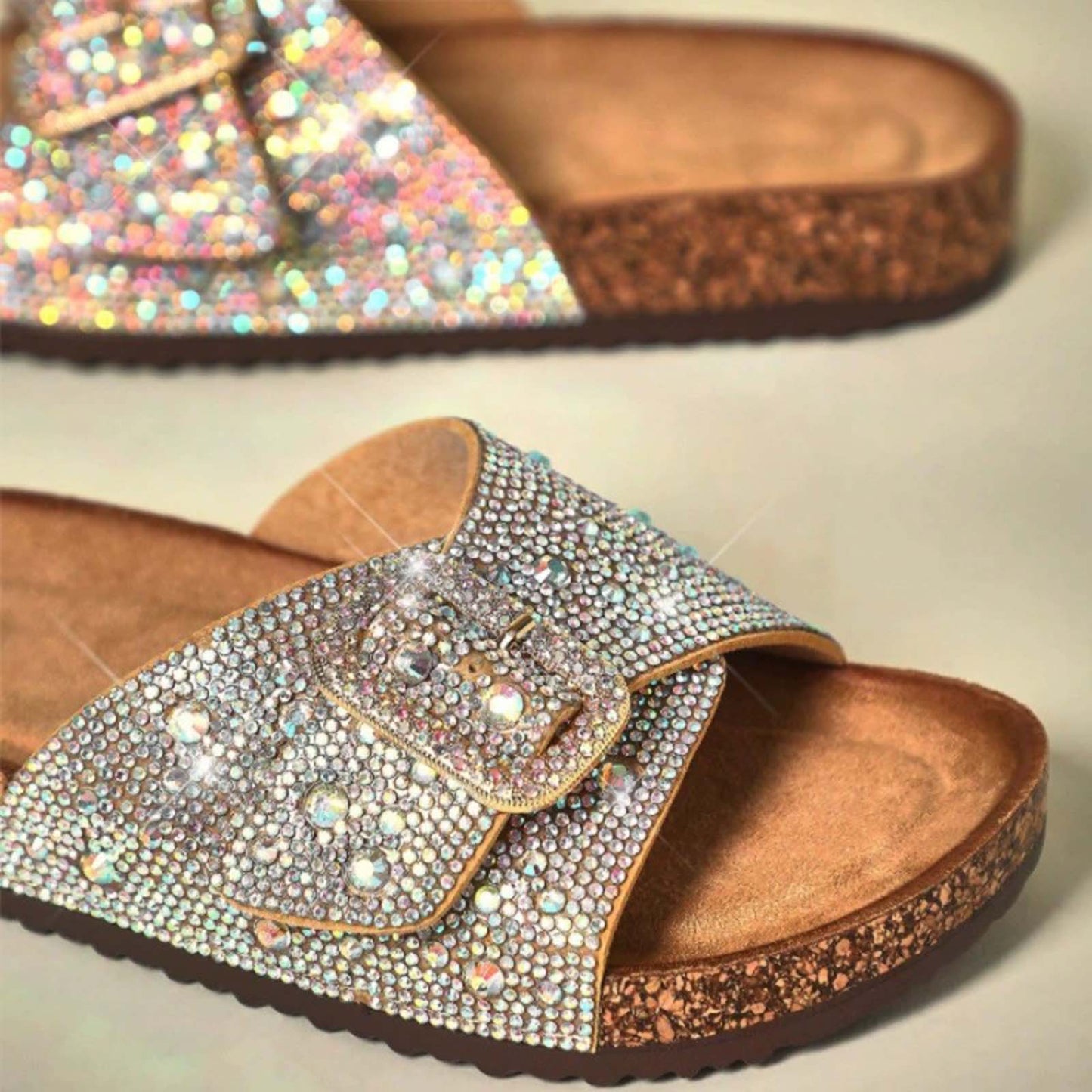 Women’s Rhinestone Birkenstock Style Cork Sandals with Double Buckle – Sparkly Slip-On Slides with Adjustable Straps and Comfortable Footbed