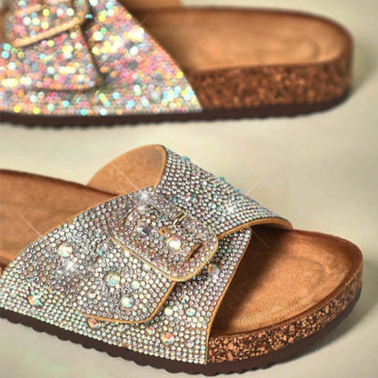 Women’s Rhinestone Birkenstock Style Cork Sandals with Double Buckle – Sparkly Slip-On Slides with Adjustable Straps and Comfortable Footbed