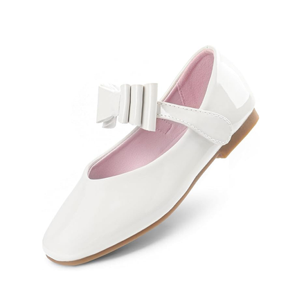 Girls Mary Jane Shoes – White Patent Leather Dress Flats with Bow Accent and Pink Lining, Cute School Party Shoes for Little Girls