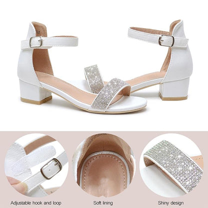 Girls White Heeled Sandals – Sparkly Rhinestone Dress Shoes with Buckle Strap, Chunky Heel Party Shoes for Weddings, Birthdays, Princess Outfits