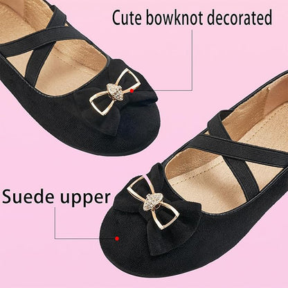 Girls Mary Jane Flats – Black Suede Dress Shoes with Cross Straps and Bow Metal Accent, Comfortable Ballet Flats for Party, Performance, or Daily Wear