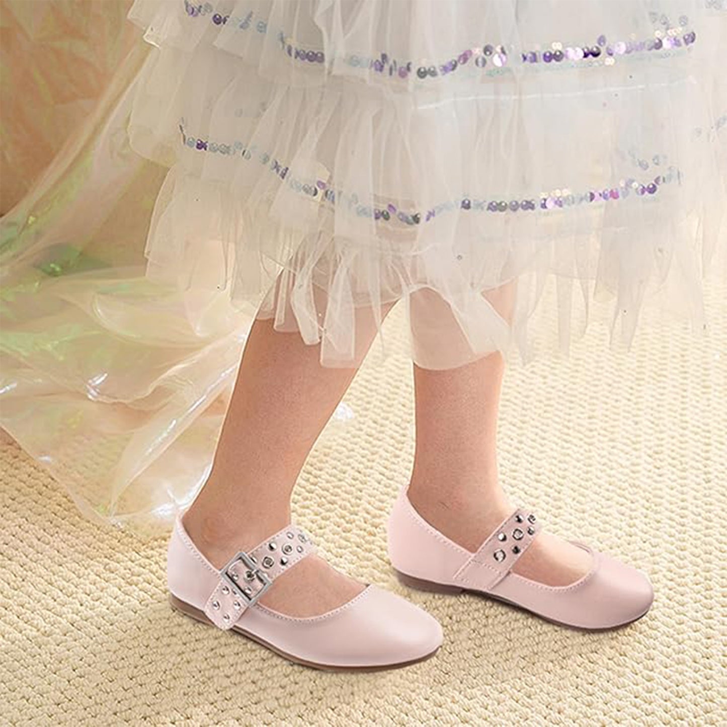 Girls Mary Jane Shoes – Pink Leather Flats with Metal Buckle & Studded Design, Cute Dress Shoes for Daily Wear, School, Party