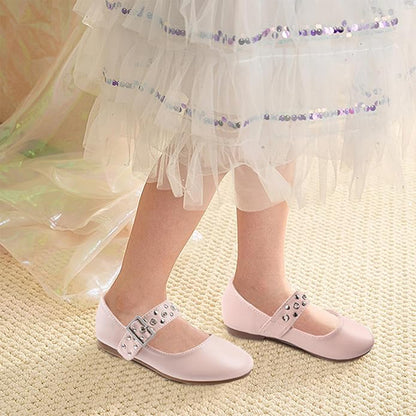 Girls Mary Jane Shoes – Pink Leather Flats with Metal Buckle & Studded Design, Cute Dress Shoes for Daily Wear, School, Party