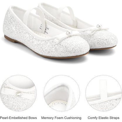 Girls Mary Jane Party Shoes – White Glitter Dress Flats with Pearl Bow, Sparkly Princess Shoes with Buckle Strap for Toddler & Little Kids