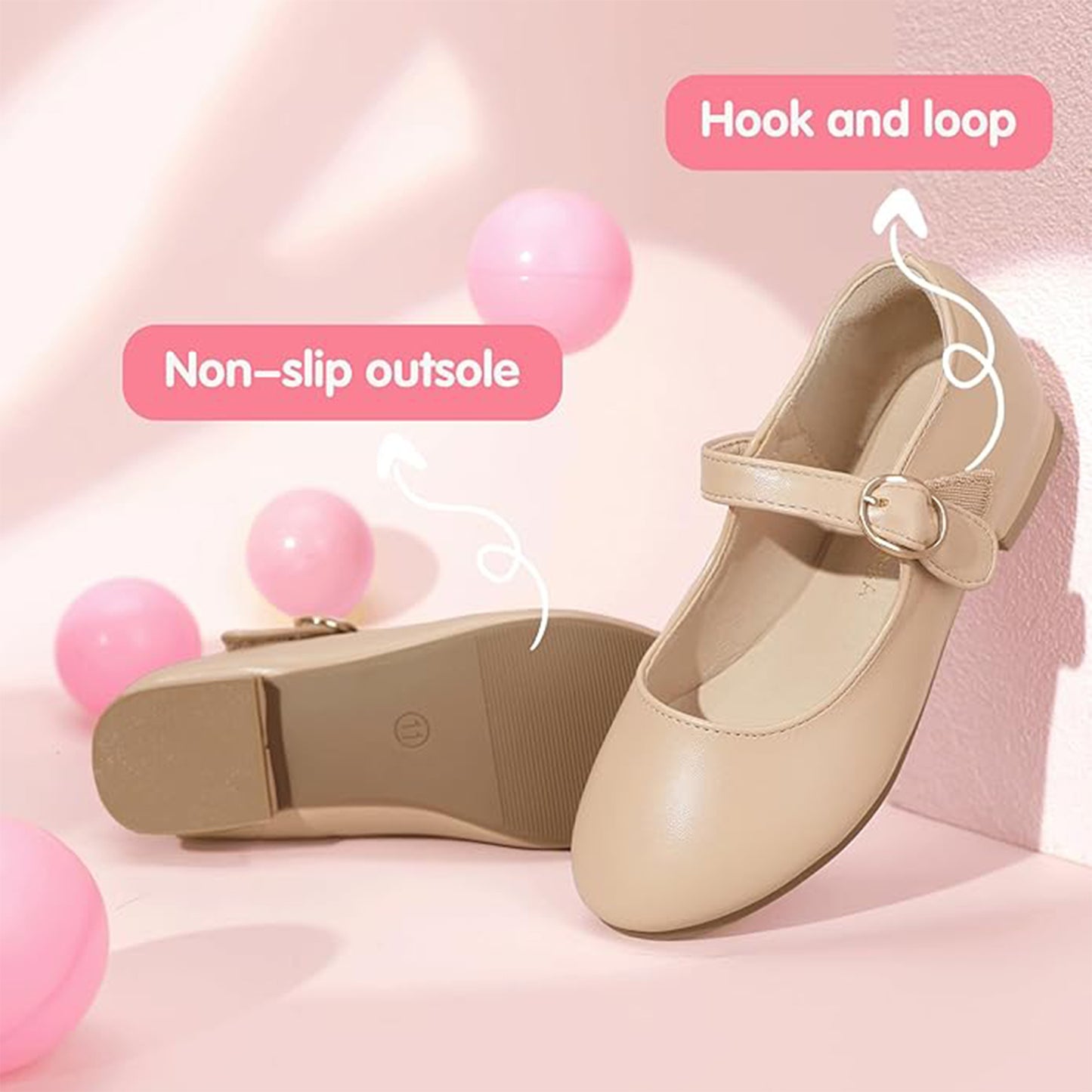 Girls Mary Jane Flats – Nude Pink Leather Dress Shoes with Adjustable Buckle Strap, Cute Daily Princess Shoes for Toddlers & Little Kids