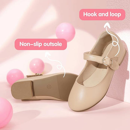 Girls Mary Jane Flats – Nude Pink Leather Dress Shoes with Adjustable Buckle Strap, Cute Daily Princess Shoes for Toddlers & Little Kids