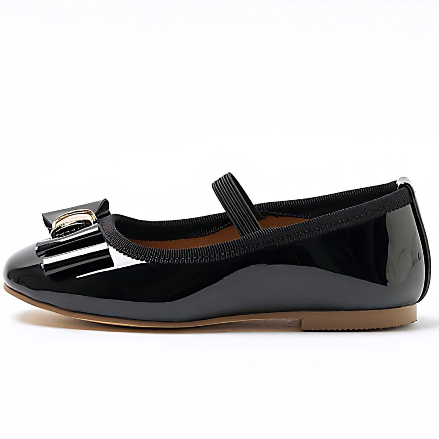 Girls Mary Jane Shoes – Black Patent Leather Dress Flats with Bow & Gold Buckle, Cross Strap Party Shoes for Girls