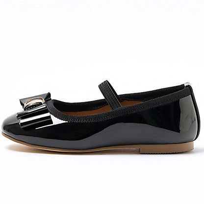 Girls Mary Jane Shoes – Black Patent Leather Dress Flats with Bow & Gold Buckle, Cross Strap Party Shoes for Girls