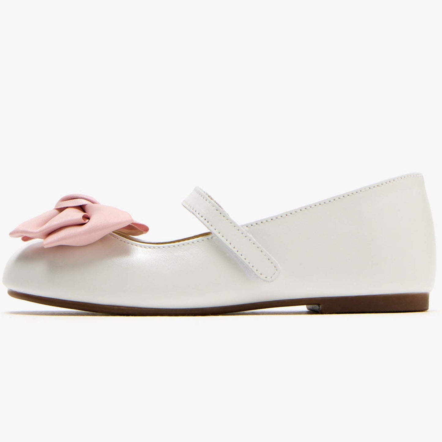 Girls Mary Jane Shoes – White Leather Dress Flats with Pink Bow, Classic Strap Design, Princess Shoes for School, Party, and Daily Wear