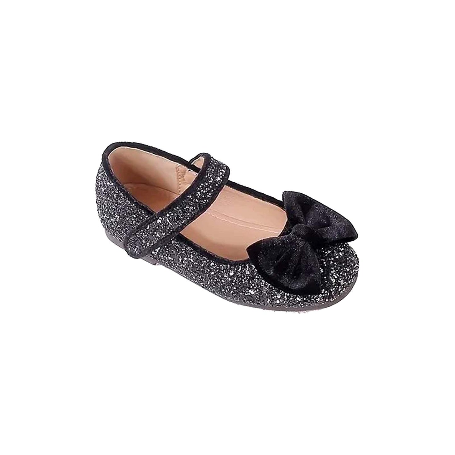 Girls Mary Jane Party Shoes with Sequin Glitter and Velvet Bow – Black Silver Dress Shoes with Buckle Strap for Toddler/Little Kids Birthday, Wedding, Performance