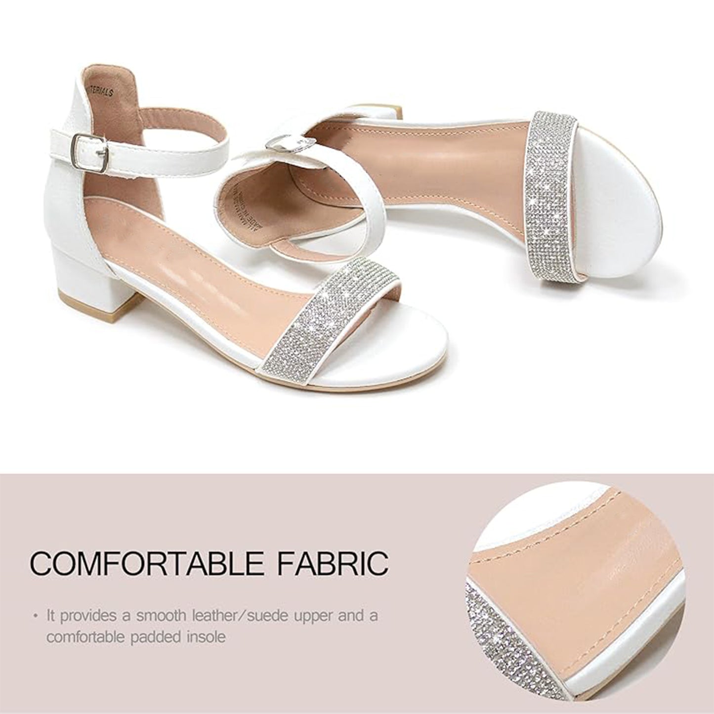 Girls White Heeled Sandals – Sparkly Rhinestone Dress Shoes with Buckle Strap, Chunky Heel Party Shoes for Weddings, Birthdays, Princess Outfits