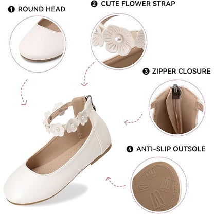Girls Mary Jane Dress Shoes with Ankle Flower Strap and Pearls – Ivory Leather Toddler/Little Kids Party Wedding Performance Shoes