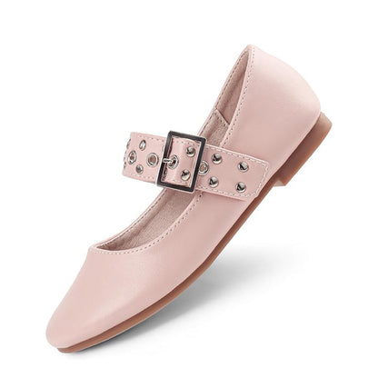 Girls Mary Jane Shoes – Pink Leather Flats with Metal Buckle & Studded Design, Cute Dress Shoes for Daily Wear, School, Party
