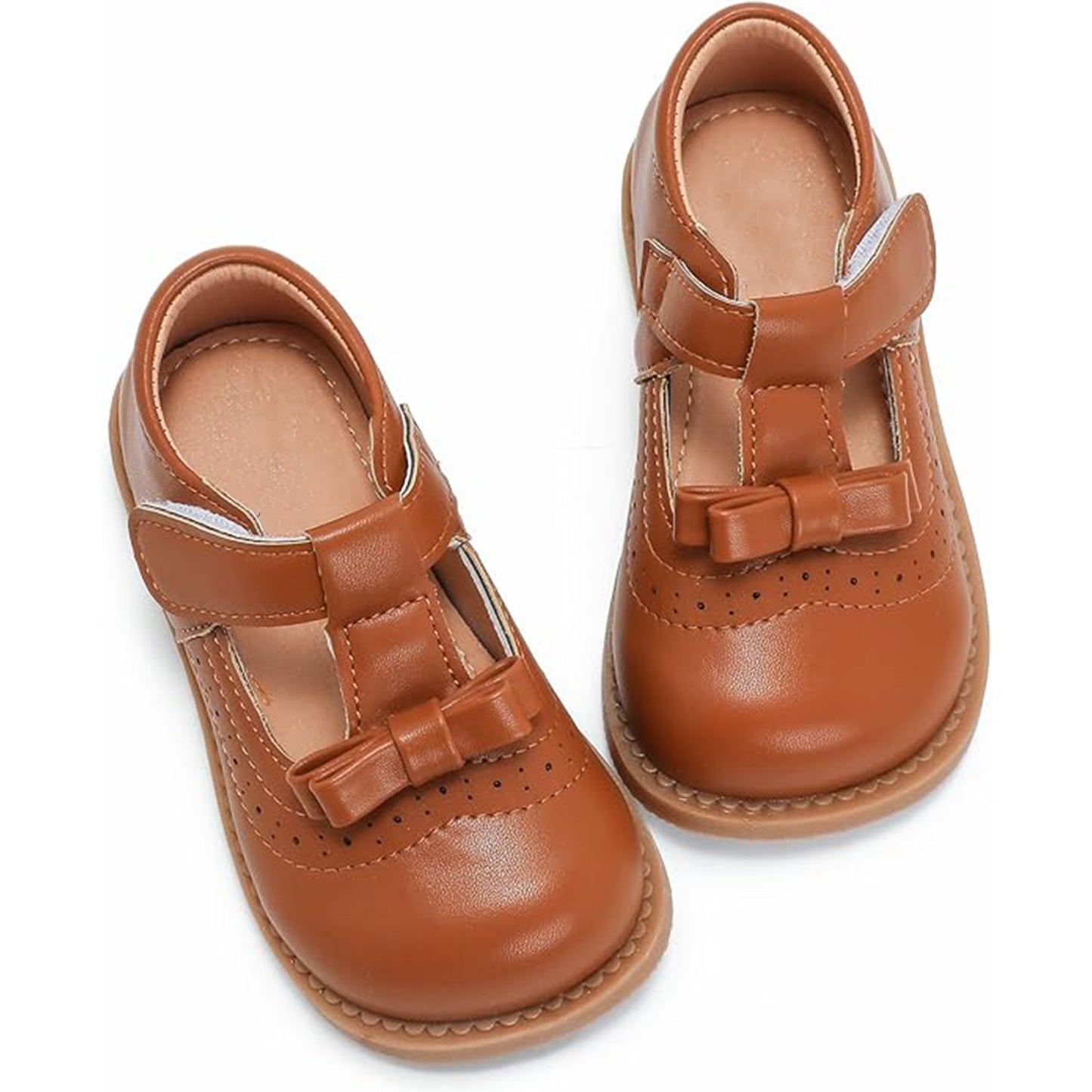 Girls Mary Jane School Shoes with T-Strap and Bow – Brown Leather Toddler/Little Kids Dress Shoes with Buckle Closure and Breathable Cutout Design