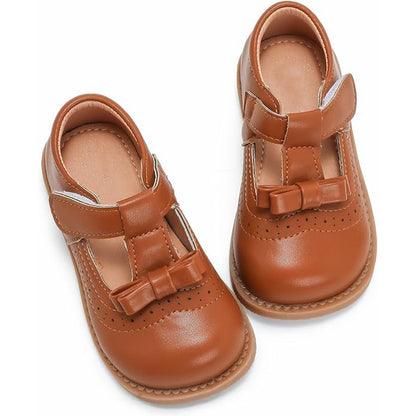 Girls Mary Jane School Shoes with T-Strap and Bow – Brown Leather Toddler/Little Kids Dress Shoes with Buckle Closure and Breathable Cutout Design