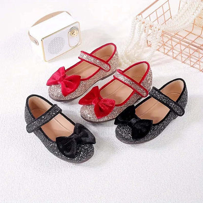 Girls Mary Jane Party Shoes with Sequin Glitter and Velvet Bow – Black Silver Dress Shoes with Buckle Strap for Toddler/Little Kids Birthday, Wedding, Performance
