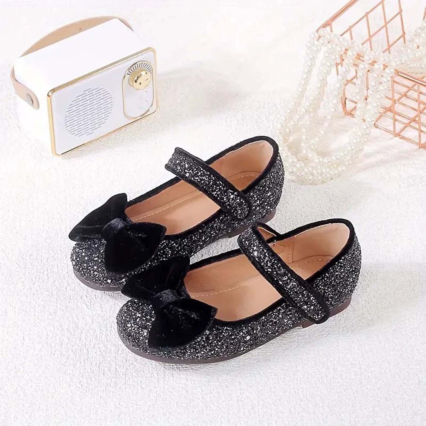 Girls Mary Jane Party Shoes with Sequin Glitter and Velvet Bow – Black Silver Dress Shoes with Buckle Strap for Toddler/Little Kids Birthday, Wedding, Performance