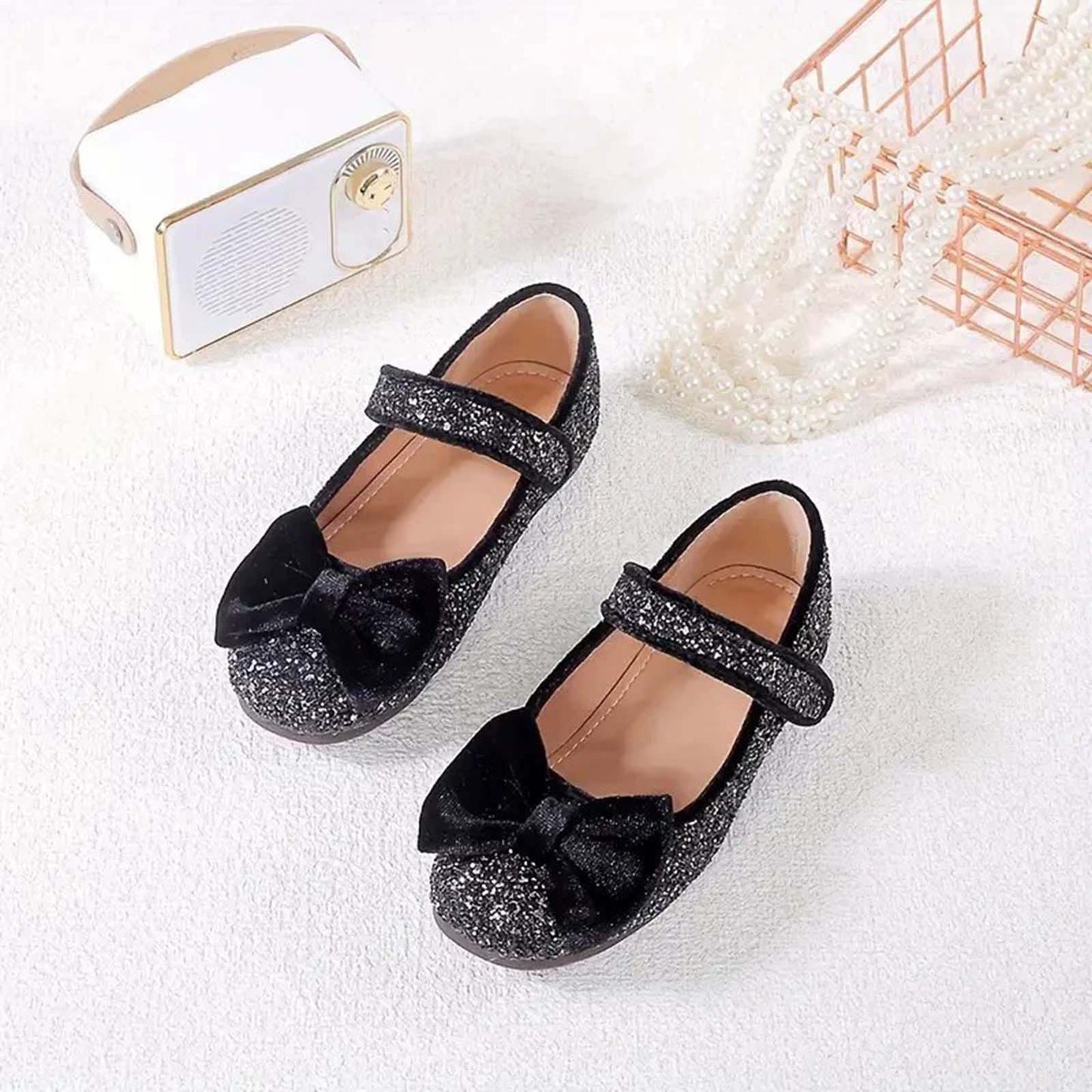 Girls Mary Jane Party Shoes with Sequin Glitter and Velvet Bow – Black Silver Dress Shoes with Buckle Strap for Toddler/Little Kids Birthday, Wedding, Performance