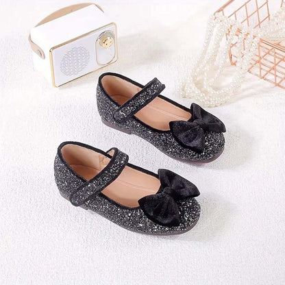 Girls Mary Jane Party Shoes with Sequin Glitter and Velvet Bow – Black Silver Dress Shoes with Buckle Strap for Toddler/Little Kids Birthday, Wedding, Performance
