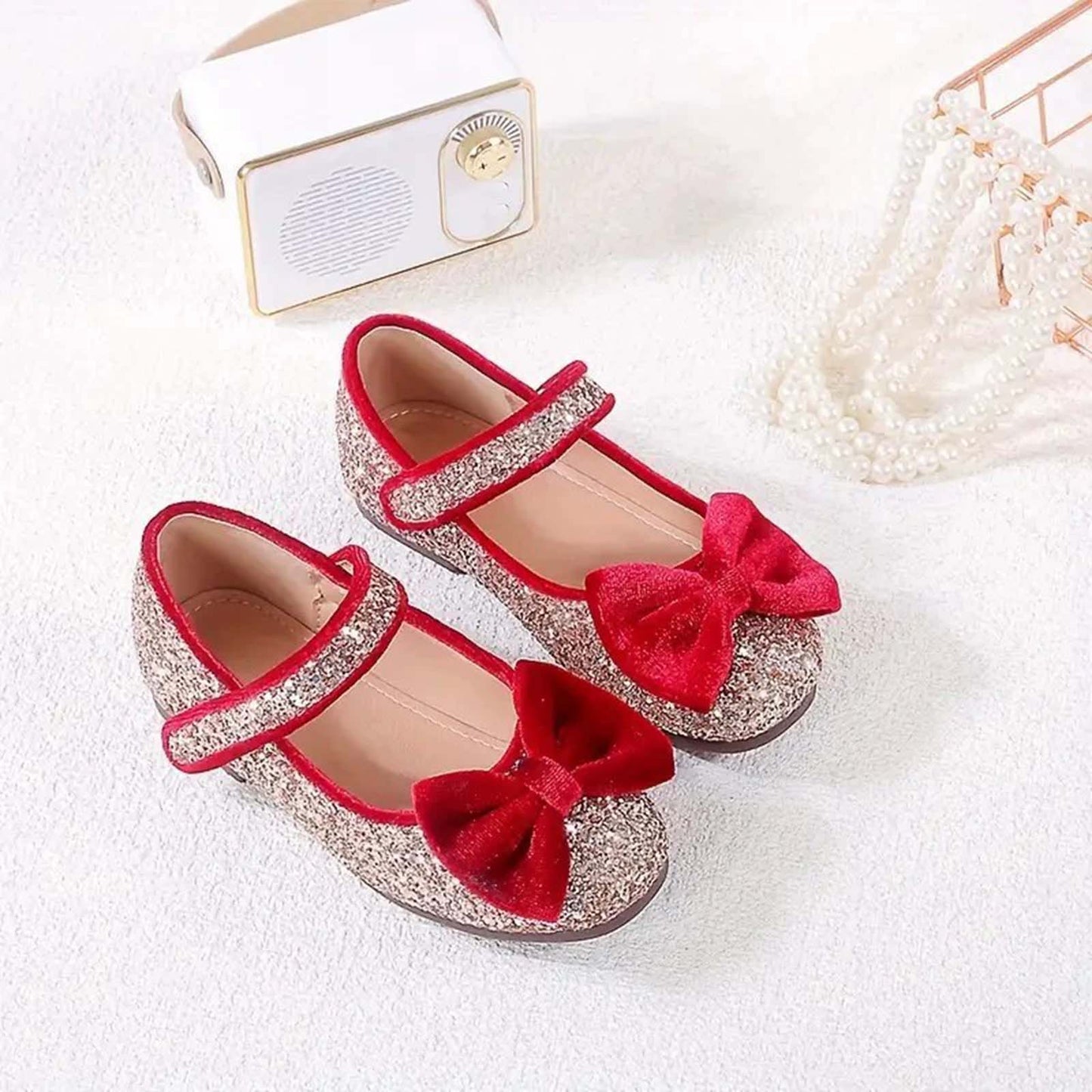 Girls Mary Jane Party Shoes with Sequin Glitter and Velvet Bow – Black Silver Dress Shoes with Buckle Strap for Toddler/Little Kids Birthday, Wedding, Performance