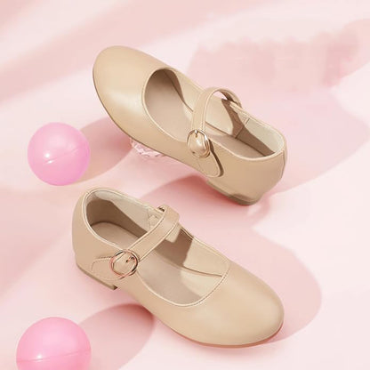 Girls Mary Jane Flats – Nude Pink Leather Dress Shoes with Adjustable Buckle Strap, Cute Daily Princess Shoes for Toddlers & Little Kids